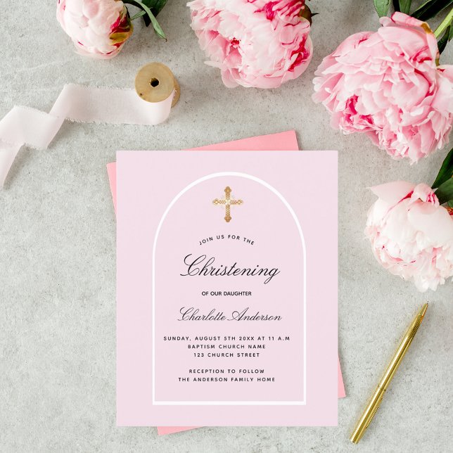 Budget christening pink baby girl arch invitation (Creator Uploaded)
