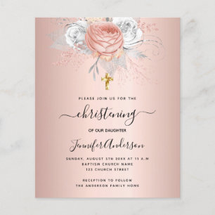 Budget christening rose gold florals invitation