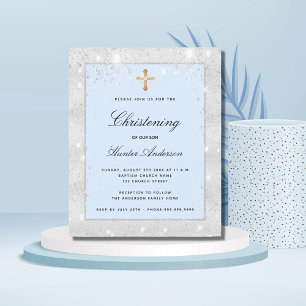 Budget christening silver blue boy invitation