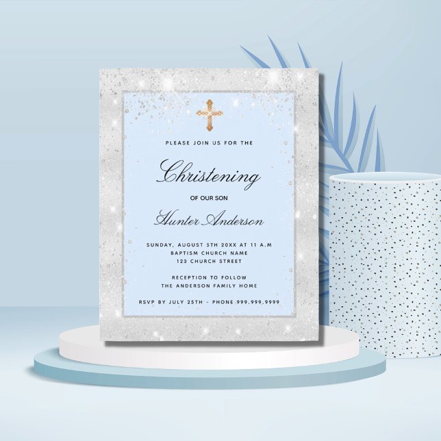 Budget christening silver blue boy invitation (Creator Uploaded)