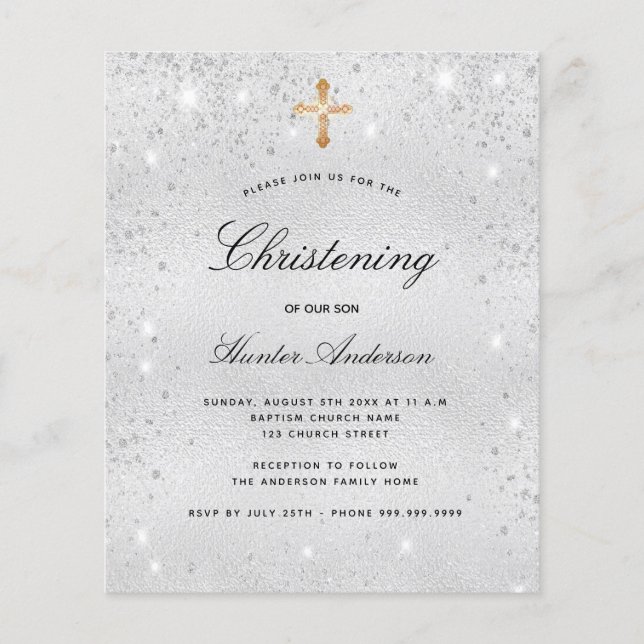 Budget christening silver boy girl invitation (Front)