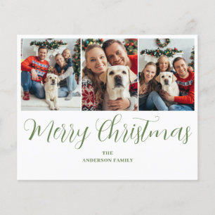 Budget Christmas 3 Photo Green Typography Card
