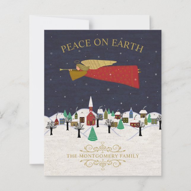 Budget Christmas Angel Town Folk Art Holiday Card (Front)