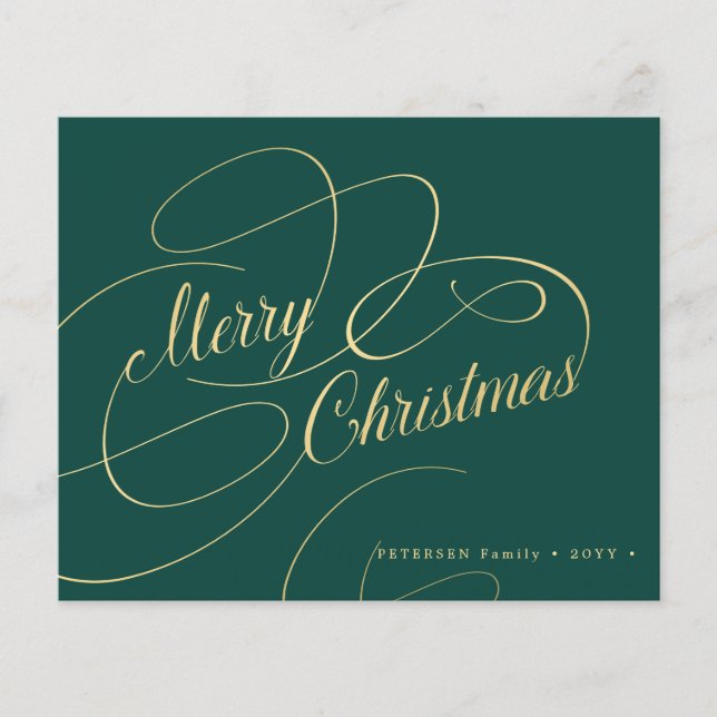 Budget Christmas gold script green holiday Card (Front)