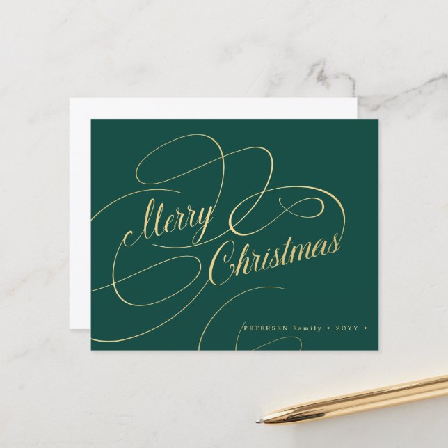 Budget Christmas gold script green holiday Card (Front/Back In Situ)