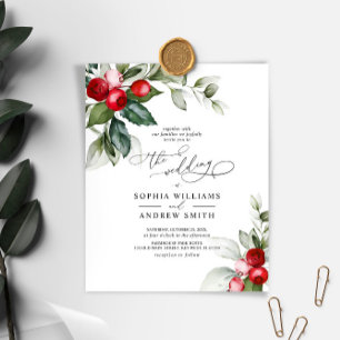 Budget Christmas Green & Berry Wedding Invitation