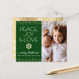Budget Christmas Green Gold Photo Peace Love Card