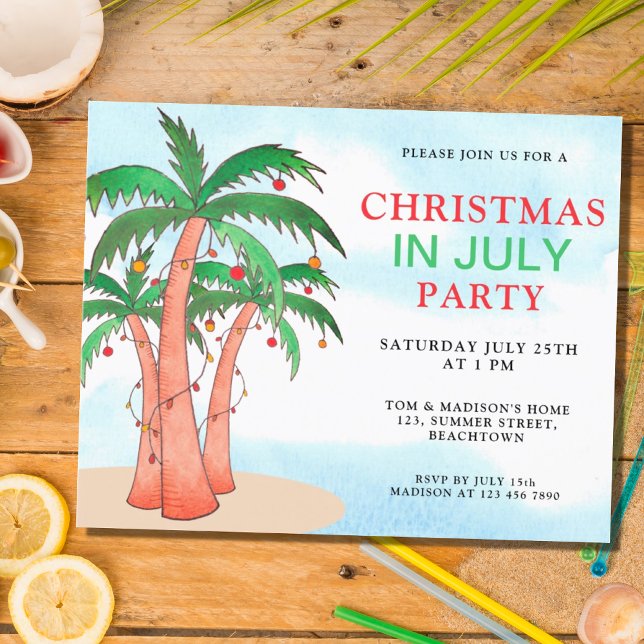 Budget Christmas In July Party Palm Trees Invite (Creator Uploaded)