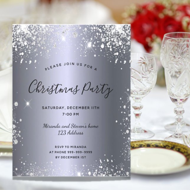 Budget Christmas party silver glitter invitation (Creator Uploaded)