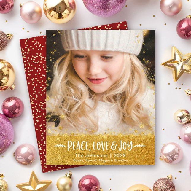 Budget Christmas Photo Peace Love Joy Glitter Card (Creator Uploaded)