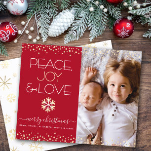 Budget Christmas Photo Red Gold Peace Love Card