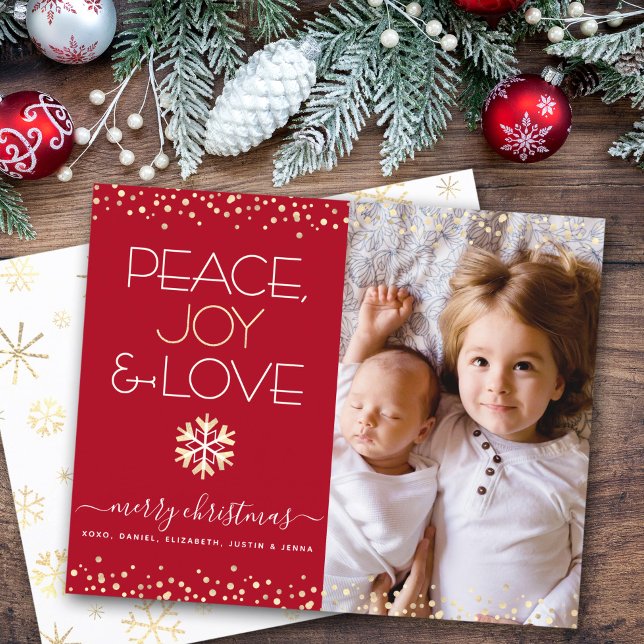 Budget Christmas Photo Red Gold Peace Love Card (Creator Uploaded)