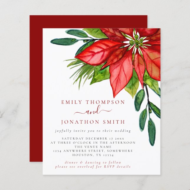 Budget Christmas QR Code Poinsettia Wedding Invite (Front/Back)