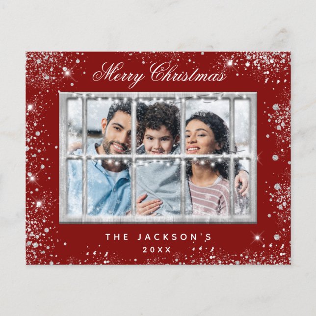 Budget Christmas red glitter photo window card (Front)