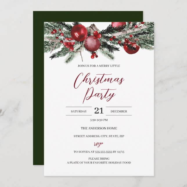 Budget Christmas Red Green Festive Floral Party  Invitation (Front/Back)