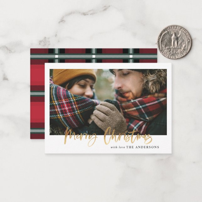 budget christmas red plaid photo holiday card (Front/Back In Situ)