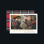 budget christmas red plaid photo holiday card<br><div class="desc">budget Gold effect stylish script merry christmas with coordinating red and green check tartan backer design. Space for a single photo design.</div>