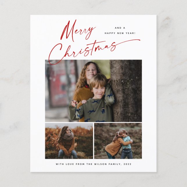 Budget Christmas Script 3 Photo Christmas Card (Front)