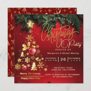 Budget Christmas Tree Party Golden and Red Invitation