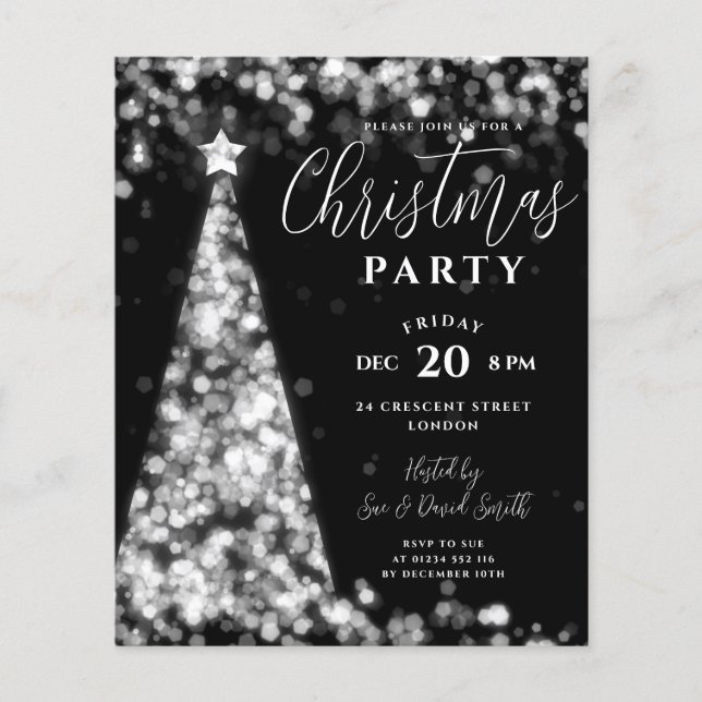 Budget Christmas Tree Silver Black Modern Party Flyer (Front)