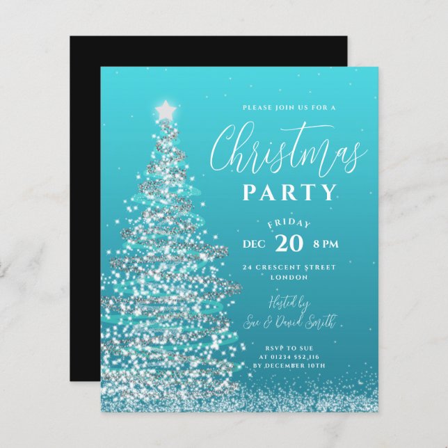 Budget Christmas Tree Silver Teal Holiday Invite  (Front/Back)