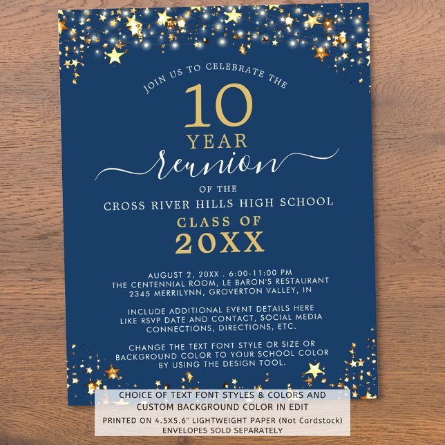 Budget Class Reunion Blue Gold Stars Invitation (Creator Uploaded)