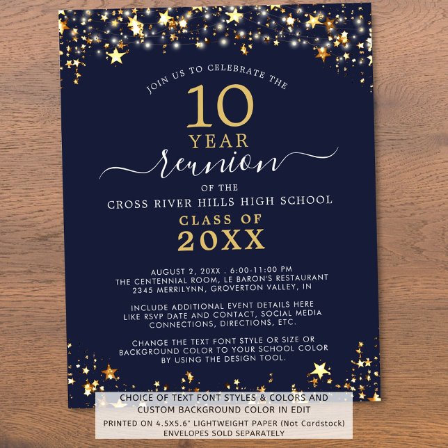 Budget Class Reunion Navy Gold Stars Invitation (Creator Uploaded)