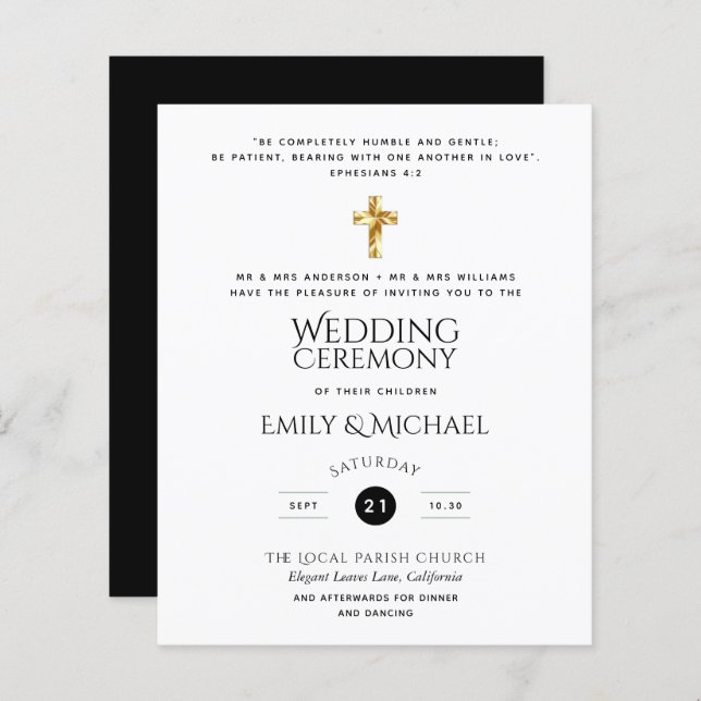 Budget Classic Black White Catholic Wedding Invite (Front/Back)