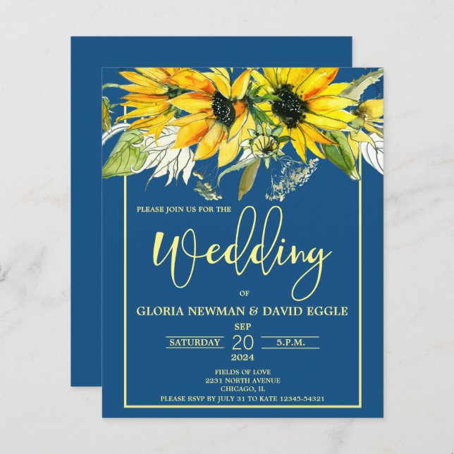 Budget Classic Blue Sunflower Wedding Invitation (Front/Back)