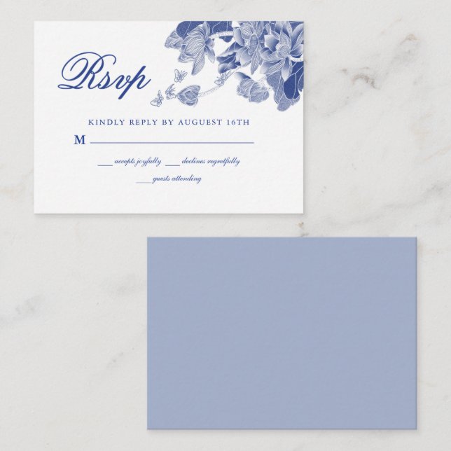 BUDGET Classic Blue White Floral Wedding RSVP  Card (Front/Back)