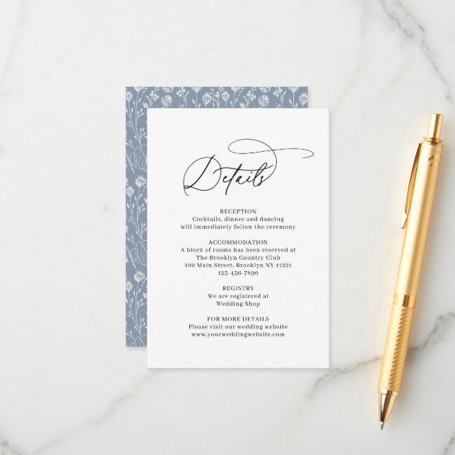 Budget Classic Elegant Floral Dusty Blue Wedding Enclosure Card (Front/Back In Situ)