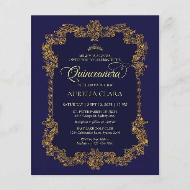 Budget Classic Elegant Navy Blue Gold Quinceanera (Front)