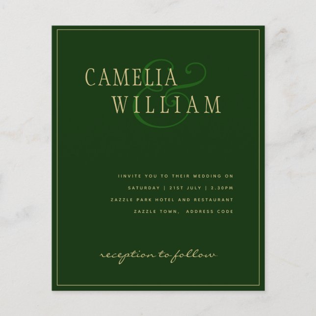 BUDGET Classic Emerald Green Gold Wedding Invite Flyer (Front)