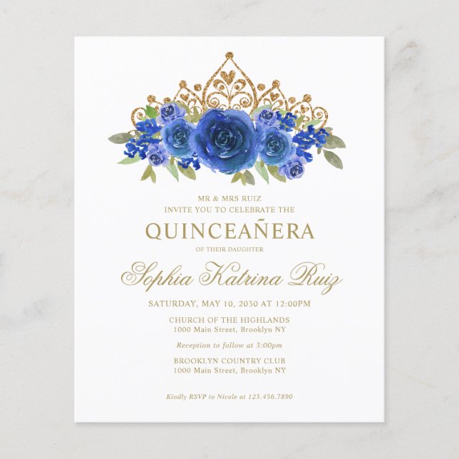 Budget Classic Floral Royal Blue Tiara Quinceañera Flyer (Front)