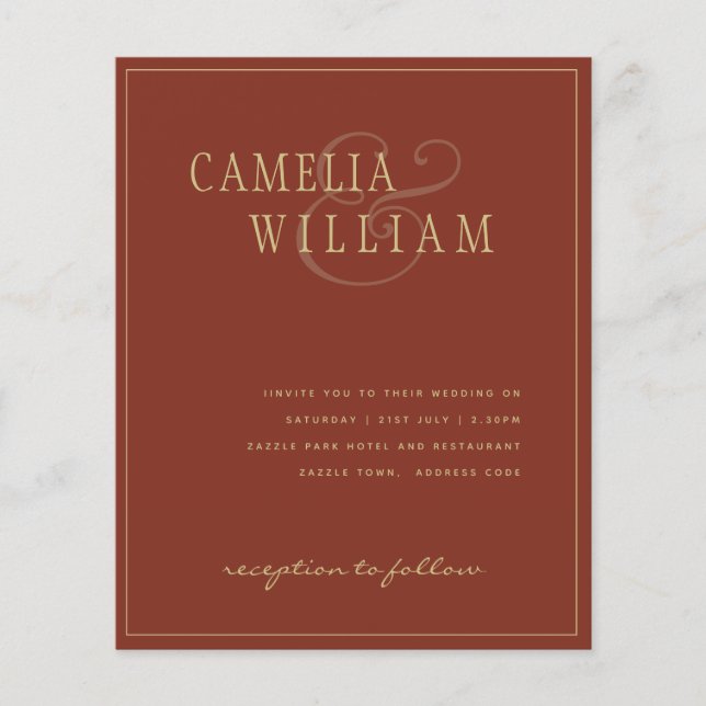 BUDGET Classic Terracotta Gold Wedding Invite Flye Flyer (Front)