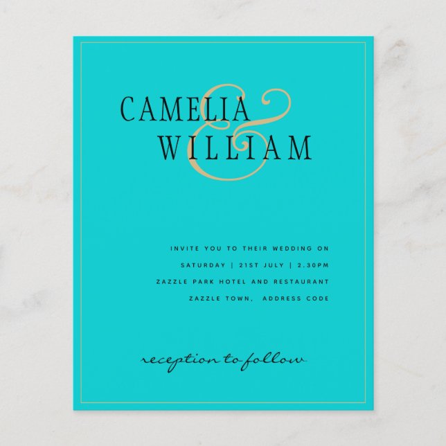 BUDGET Classic Turquoise Gold Wedding Invite  Flyer (Front)