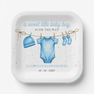 Budget Clothesline Blue Boy Baby Shower invitation Paper Plate