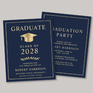 Budget College Blue Gold Graduation Party Invite