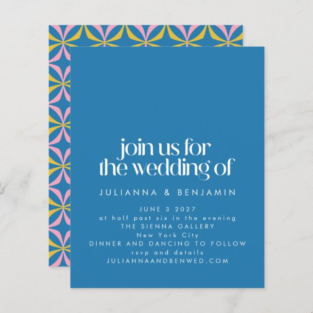 Budget Colourful Blue Geometric Fun Wedding Invite (Front/Back)