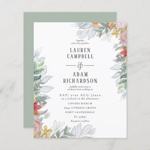 Budget Colourful Floral Foliage Wedding Invitation
