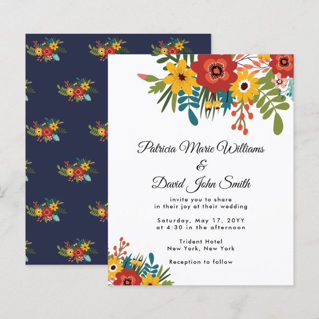 Budget Colourful Floral Rustic Wedding Invitation (Front/Back)