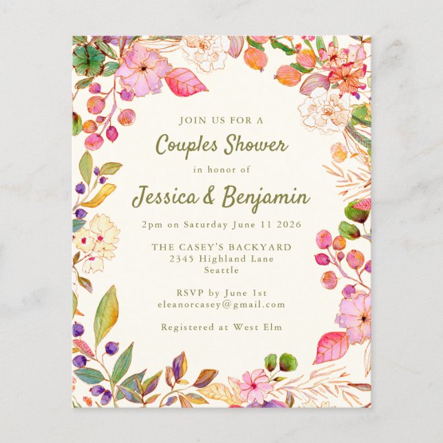 Budget Colourful Watercolor Floral Couples Shower (Front)
