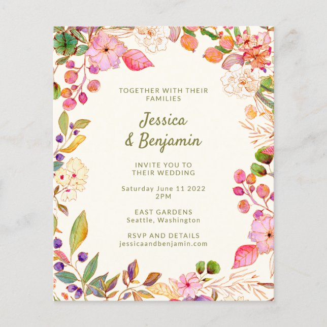 Budget Colourful Watercolor Floral Wedding Invite (Front)