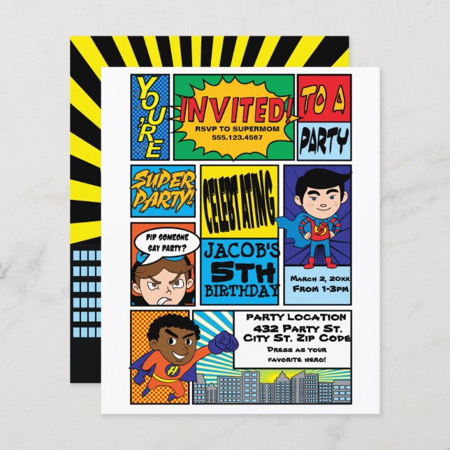Budget Comic Style Hero Birthday Invitations (Front/Back)