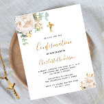 Budget confirmation eucalyptus white floral<br><div class="desc">A white background decorated with eucalyptus greenery,  a white peony,  golden leaves. Personalise and a name and ceremony details. Black and golden coloured letters.
Back: green background.</div>
