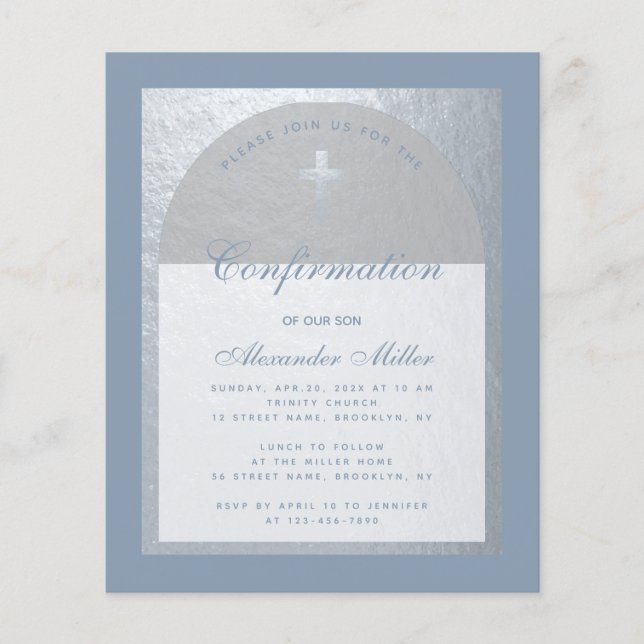 Budget Confirmation Silver Dusty Blue Invitation (Front)