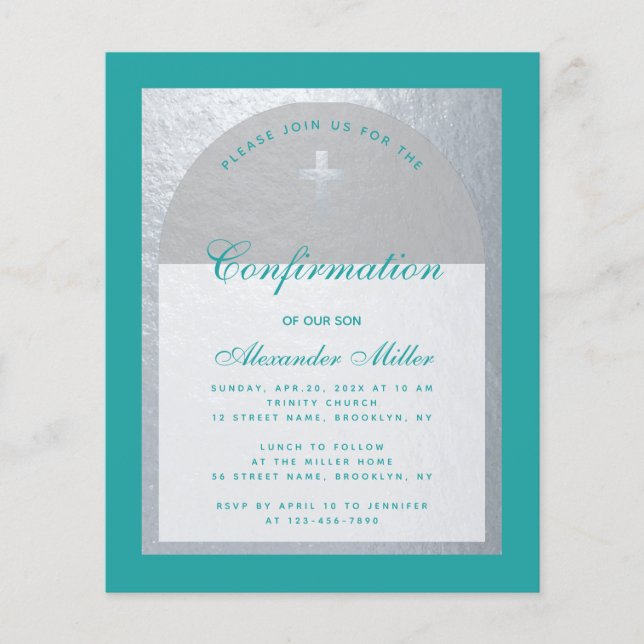 Budget Confirmation Silver Teal Boy Invitation  (Front)