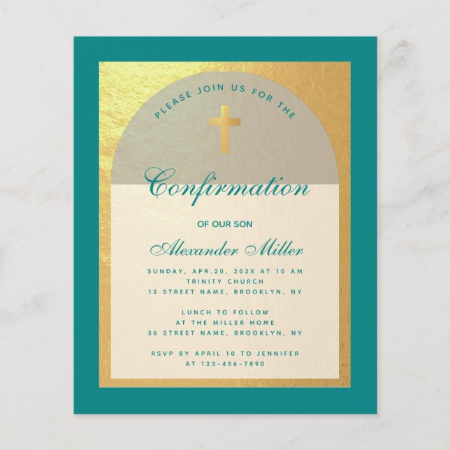 Budget Confirmation Teal Arch Faux Gold Invitation (Front)