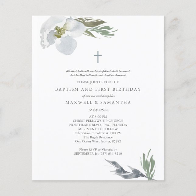 Budget Cool Grey Watercolor Florals Twins Baptism Flyer (Front)