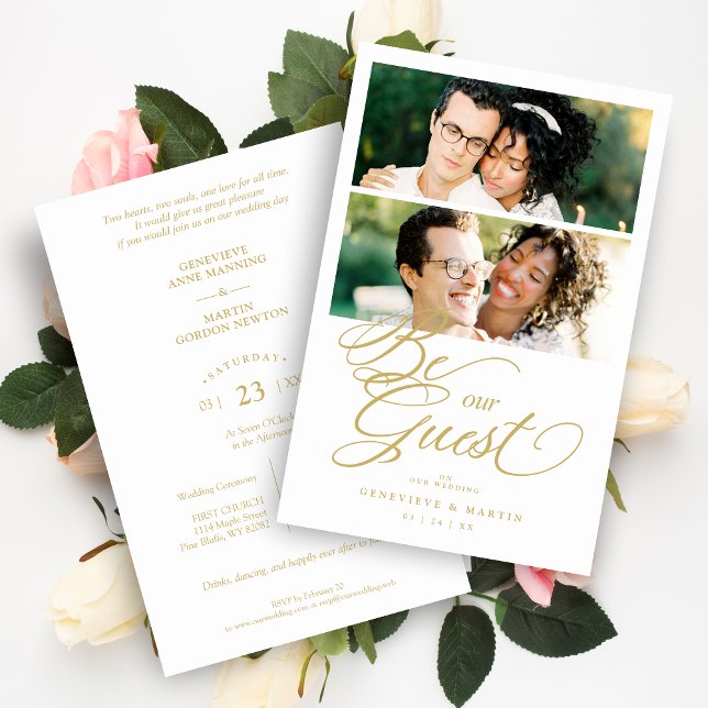 Budget Cool Snazzy Fake Golden 2 Photos Collage (Cheap Inexpensive Cool Snazzy Fake Golden 2 Photos Collage Wedding Invitation Card with Envelope.)